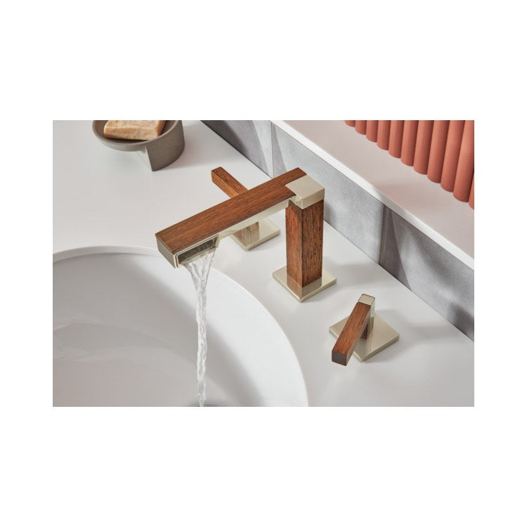 Lavatory Faucet Frank Lloyd Wright Widespread 6 to 16 Inch Spread Less Handle WaterSense Brilliance Polished Nickel/Wood 1.2 Gallons per Minute Deck Less Drain 3 Hole - Image 2