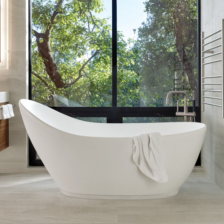 Soaking Tub Savoy 65 x 34.25 Inch Freestanding with Pedestal Left/Right Hand White Matte Sculpturestone 98 Gallons 24 Inch - Image 1