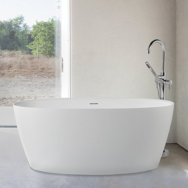Soaking Tub Elena 58 x 32 Inch Freestanding Rolled Rim Center White Matte Sculpturestone 75 Gallons 22 Inch