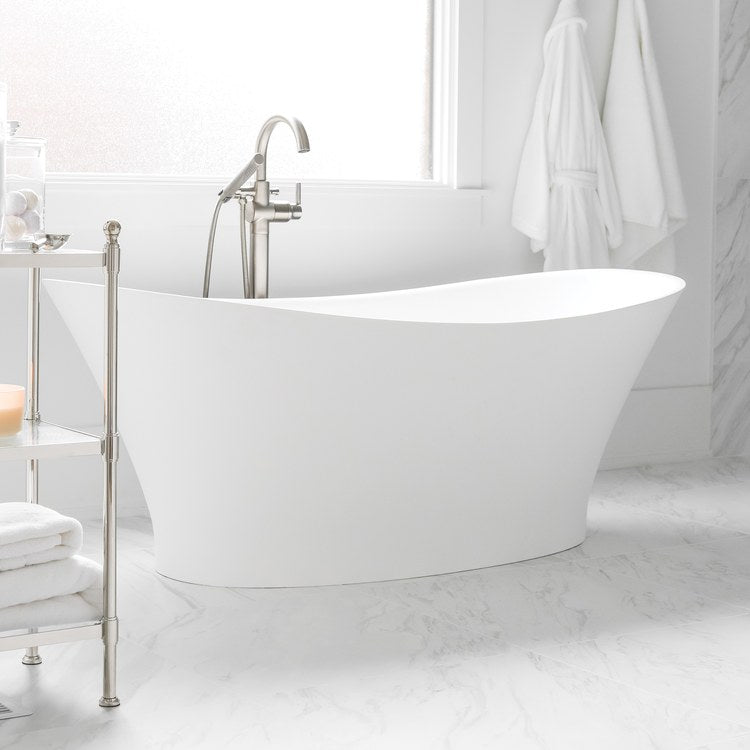 Soaking Tub Mallory 59.5 x 31.375 Inch Freestanding Center White Matte Sculpturestone 68 Gallons 21-1/2 Inch