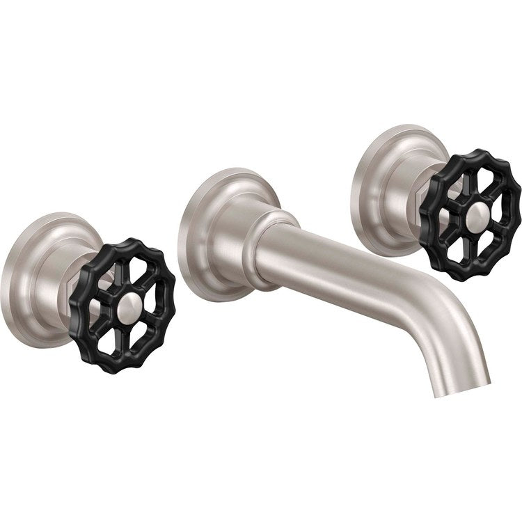 Lavatory Trim Descanso Works Vessel Wall 2 Black Wheel Antique Nickel Flat Spout Reach 6-5/16 Inch 1.2 Gallons per Minute - Image 1