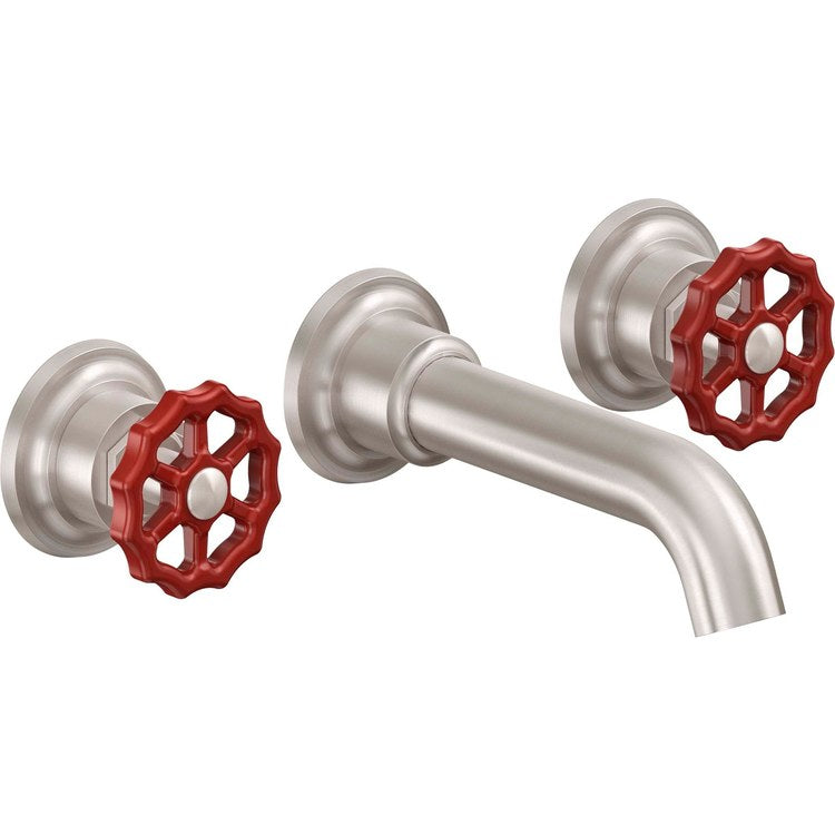 Lavatory Trim Descanso Works Vessel Wall 2 Red Wheel Polished Nickel Spout Reach 6-5/16 Inch 1.2 Gallons per Minute - Image 1