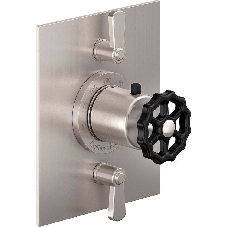 Thermostatic Trim Descanso Works Rectangular Flat StyleTherm with 2 Volume Control 3 Black Wheel/Lever Matte White Brass - Image 1