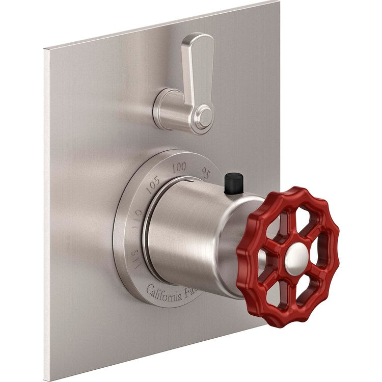 Thermostatic Trim Descanso Works Square Flat StyleTherm with Volume Control 2 Red Wheel/Lever Matte White Brass