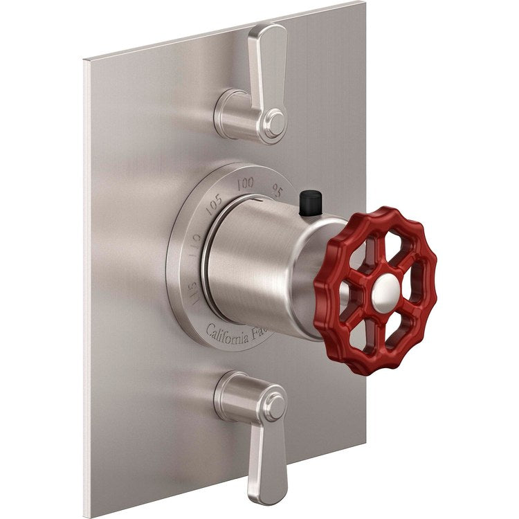 Thermostatic Trim Descanso Works Rectangular Flat StyleTherm with 2 Volume Control 3 Red Wheel/Lever Black Nickel Brass