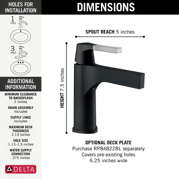 Lavatory Faucet Zura 1 Lever ADA No-Lead/WaterSense Stainless/Matte Black 1.2 Gallons per Minute Deck Angled Metal Pop-Up 1/3 Hole Diamond Seal Technology - Image 2