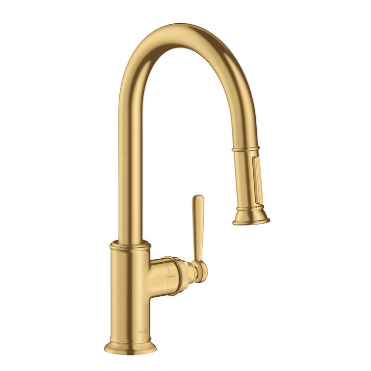 Kitchen Faucet Montreux 1 Lever ADA Brushed Gold Optic Pull Down 2 Function High Arc 150 DEG Swivel 1 Hole 1.75 Gallons per Minute - Image 1