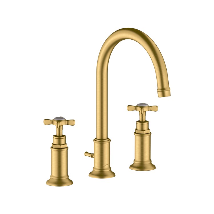 Lavatory Faucet Montreux Widespread 8 Inch Spread 2 Cross Brushed Gold Optic 1.2 Gallons per Minute 120 DEG Swivel Pop-Up 3 Hole 7 Inch - Image 1