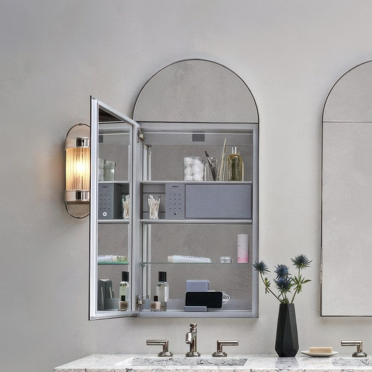 Medicine Cabinet Main Line 20 x 40 Inch 1 Doors Mirrored Polished Stainless Steel Arch Top Murray Hill Arch Slow Close Hinges Sliding Magnification Mirror Magnetic Strip Interior Lighting USB Charging ports Electrical Outlets Phone Holder 4 Inch - Image 3