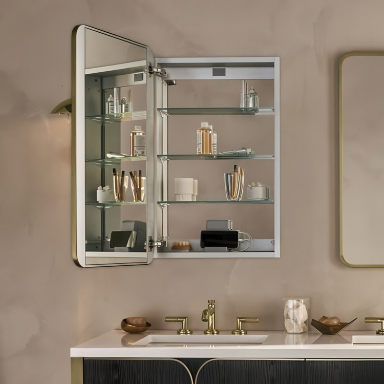 Medicine Cabinet Craft Cabinet Series 24 x 44 Inch 1 Doors Mirrored Aged Brass Flat Top Rounded Corners Slow Close - Image 2