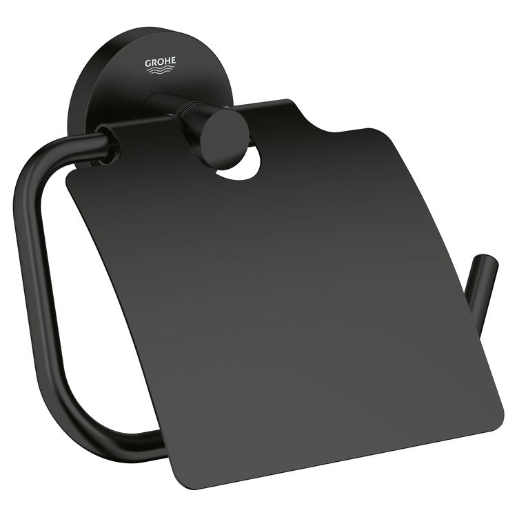 Toilet Paper Holder Essentials Post Open with Cover Matte Black Metal 1-3/4 Inch Wall Mount - Image 1