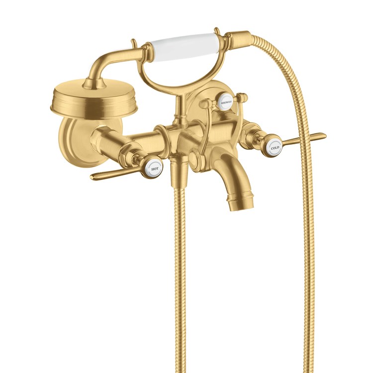 Tub Filler Montreux Wall Mount with Handshower 8 Inch Spread 2 Lever WaterSense Rigid Brushed Gold Optic 2 Hole - Image 1