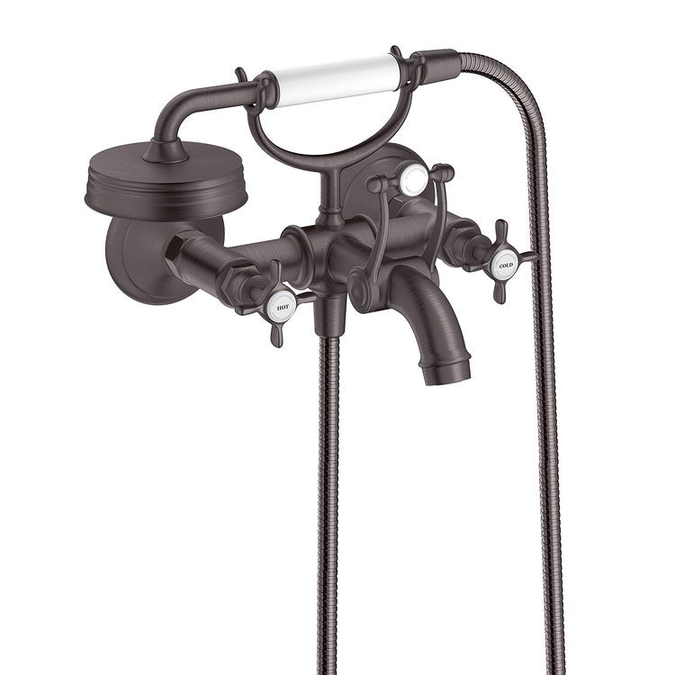 Tub Filler Montreux Wall Mount with Handshower 8 Inch Spread 2 Cross WaterSense Rigid Brushed Black Chrome 2 Hole - Image 1