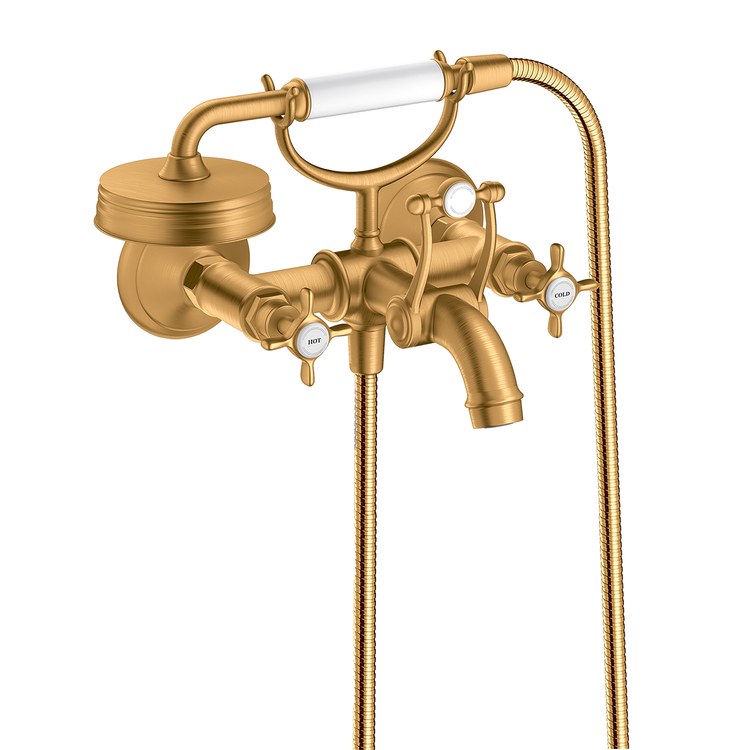Tub Filler Montreux Wall Mount with Handshower 8 Inch Spread 2 Cross WaterSense Rigid Brushed Gold Optic 2 Hole - Image 1
