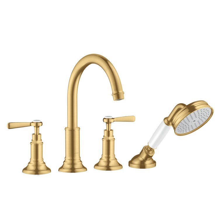 Roman Tub Trim Montreux Deck Mount with Handshower 2 Lever Brushed Gold Optic WaterSense 8 Inch Spread 4 Hole 5.28 Gallons per Minute for Requires Rough 13444181 - Image 1