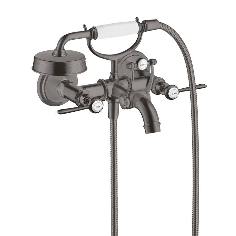 Tub Filler Montreux Wall Mount with Handshower 8 Inch Spread 2 Lever WaterSense Rigid Brushed Black Chrome 2 Hole - Image 1