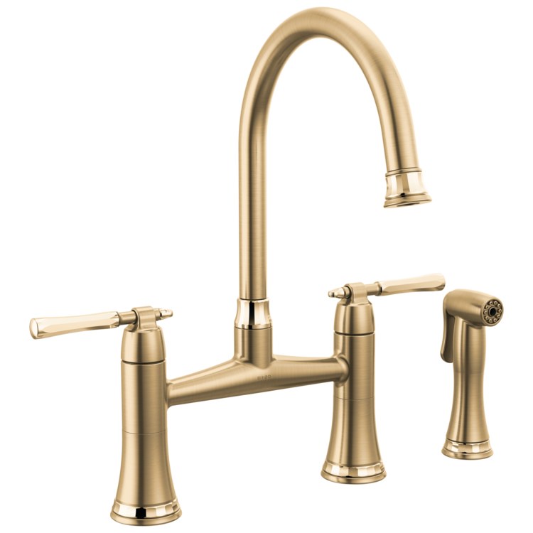 Kitchen Faucet Tulham 8 Inch Spread 2 Lever ADA Brilliance Luxe Gold/Brilliance Polished Gold Includes Side Sprayer 360 DEG Swivel 3 Hole 1.8 Gallons per Minute - Image 1
