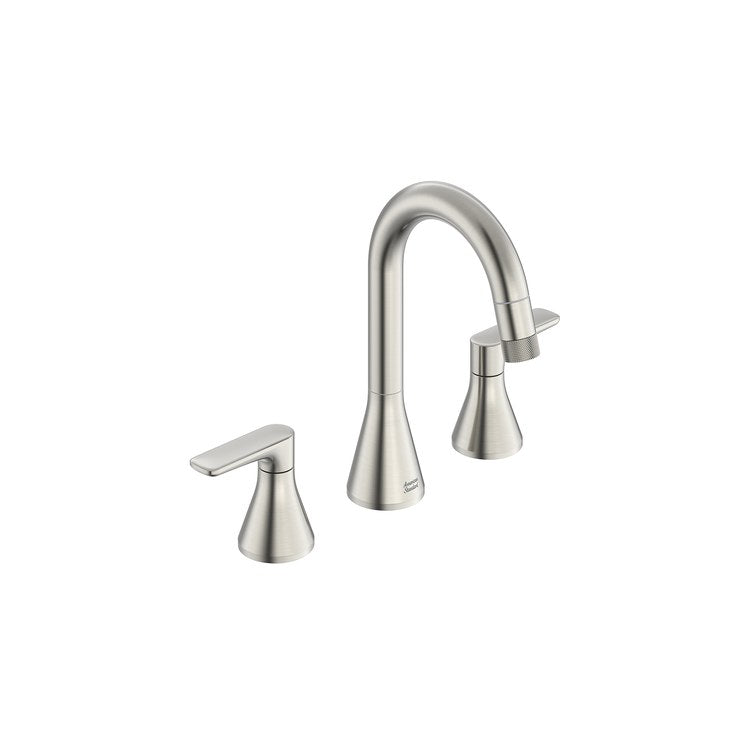 Lavatory Faucet Aspirations Widespread 8 Inch Spread 2 Lever ADA CALGreen/CEC/WaterSense Brushed Nickel 1.2 Gallons per Minute Deck Fixed Pop-Up 3 Hole