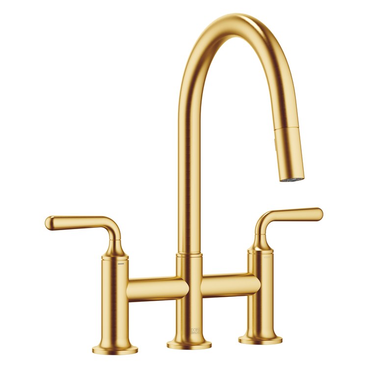 Kitchen Faucet Vaia Bridge Mixer 2 Lever ADA Brushed Durabrass Pull Down 360 DEG Swivel 3 Hole 1.5 Gallons per Minute