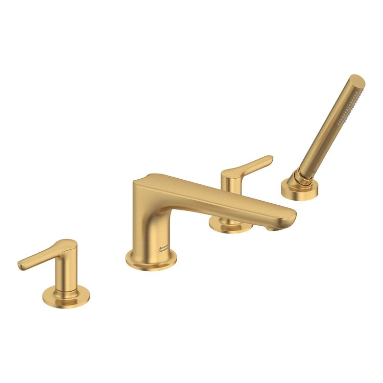 Tub Filler Trim Studio S with Handshower 2 Lever Brushed Cool Sunrise CALGreen/CEC ADA 8 to 16 Inch Spread Deck - Image 1