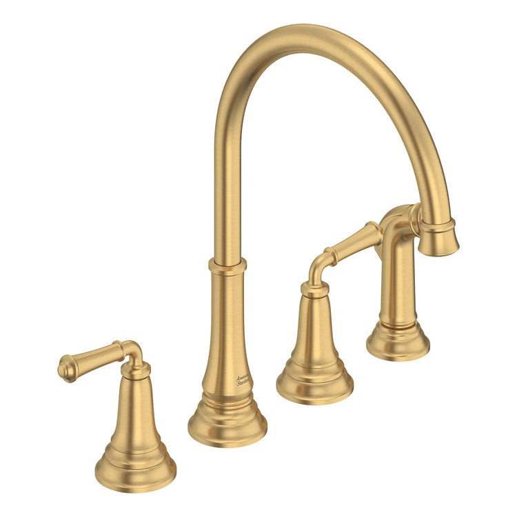 Kitchen Faucet Delancey Widespread 8 Inch Spread 2 Lever ADA CALGreen/CEC Brushed Cool Sunrise Side Spray High Arc Swivel 4 Hole 1.5 Gallons per Minute - Image 1