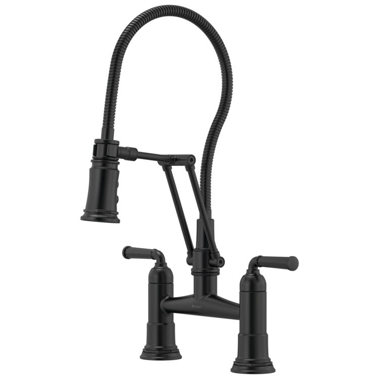 Kitchen Faucet Rook Bridge with Finished Semi-Flexible Hose 8 Inch Spread 2 Lever ADA Matte Black 2 Function Dual Jointed 2 Hole 1.8 Gallons per Minute - Image 1