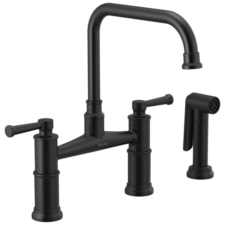 Kitchen Faucet Artesso Widespread Bridge 8 Inch Spread 2 Lever ADA Matte Black Includes Side Sprayer 360 DEG Swivel 3 Hole 1.75 Gallons per Minute
