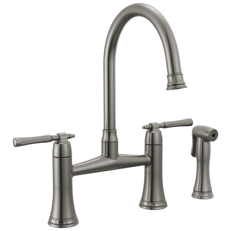 Kitchen Faucet Tulham 8 Inch Spread 2 Lever ADA Brilliance Luxe Steel Includes Side Sprayer 360 DEG Swivel 3 Hole 1.8 Gallons per Minute