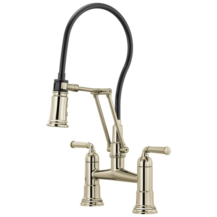 Kitchen Faucet Rook Bridge with Finished Semi-Flexible Hose 2 Lever ADA Brilliance Polished Nickel 2 Function Dual Jointed 2 Hole 1.8 Gallons per Minute