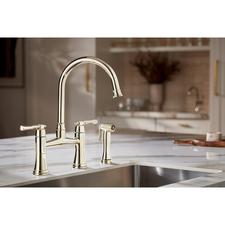 Kitchen Faucet Tulham 8 Inch Spread 2 Lever ADA Brilliance Polished Nickel Includes Side Sprayer 360 DEG Swivel 3 Hole 1.8 Gallons per Minute - Image 2