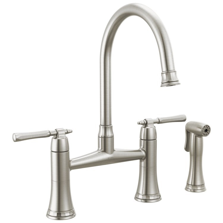 Kitchen Faucet Tulham 8 Inch Spread 2 Lever ADA Brilliance Stainless Includes Side Sprayer 360 DEG Swivel 3 Hole 1.8 Gallons per Minute