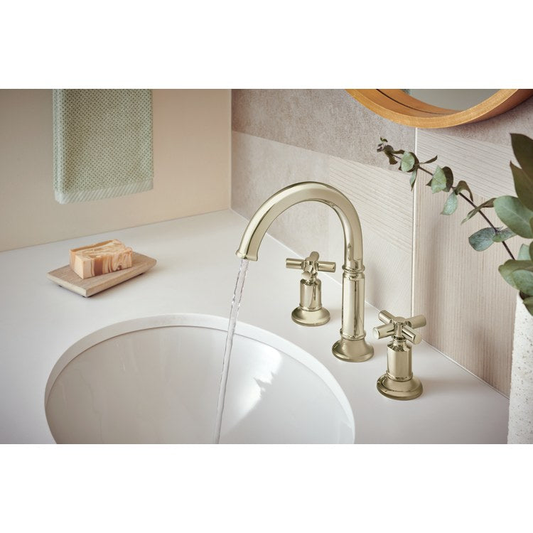 Lavatory Faucet Invari Widespread 6 to 16 Inch Spread Less Handle ADA WaterSense Brilliance Polished Nickel 1.5 Gallons per Minute Deck High Arc Less Drain 3 Hole - Image 2