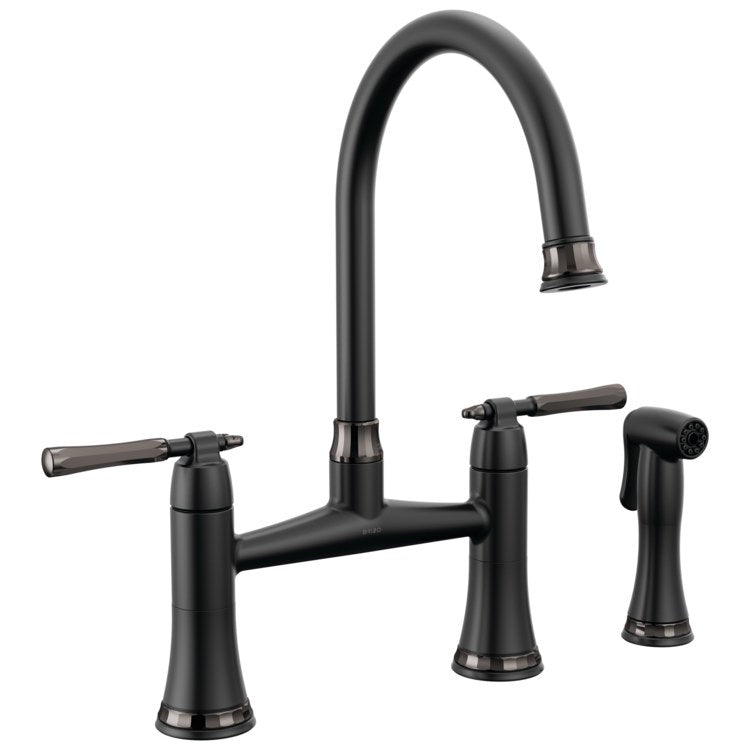 Kitchen Faucet Tulham 8 Inch Spread 2 Lever ADA Matte Black/Brilliance Black Onyx Includes Side Sprayer 360 DEG Swivel 3 Hole 1.8 Gallons per Minute - Image 1