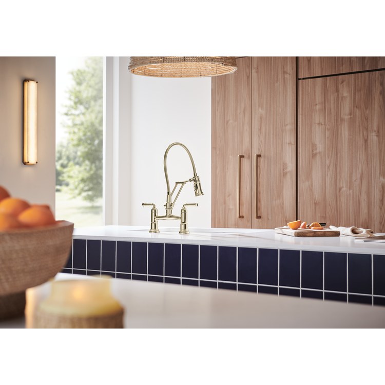 Kitchen Faucet Rook Bridge with Finished Semi-Flexible Hose 8 Inch Spread 2 Lever ADA Brilliance Polished Nickel 2 Function Dual Jointed 2 Hole 1.8 Gallons per Minute - Image 2