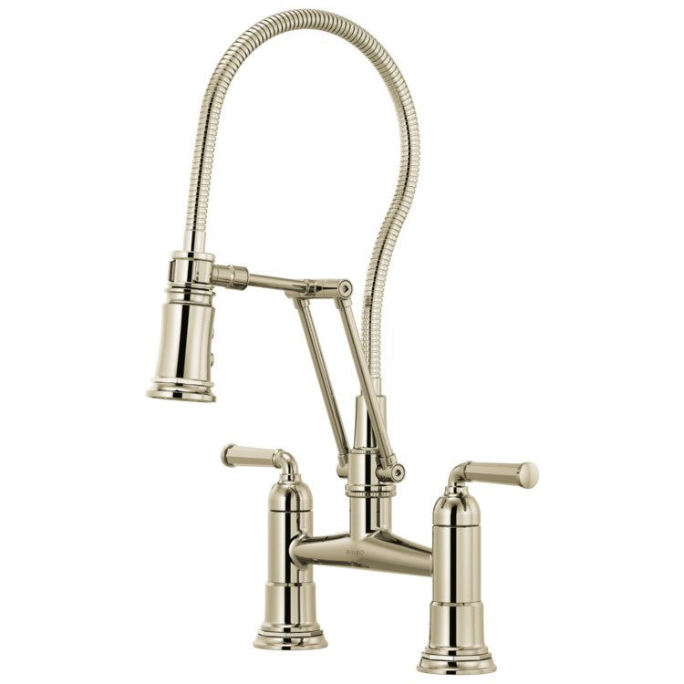 Kitchen Faucet Rook Bridge with Finished Semi-Flexible Hose 8 Inch Spread 2 Lever ADA Brilliance Polished Nickel 2 Function Dual Jointed 2 Hole 1.8 Gallons per Minute