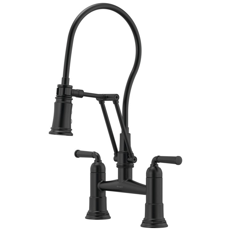 Kitchen Faucet Rook Bridge with Finished Semi-Flexible Hose 2 Lever ADA Matte Black 2 Function Dual Jointed 2 Hole 1.8 Gallons per Minute