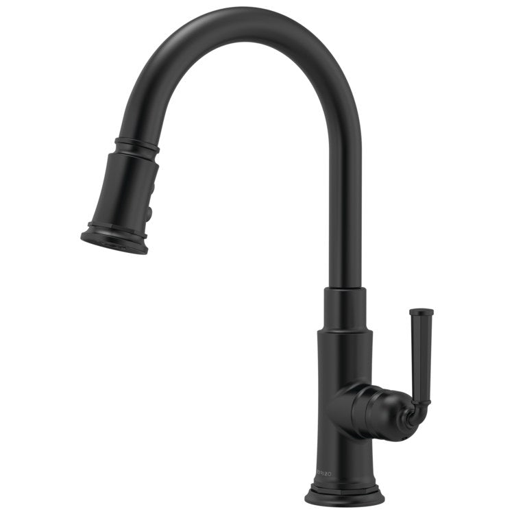 Kitchen Faucet Rook 1 Lever ADA Matte Black Pull Down 2 Function Wand Aerated Stream/Spray 360 DEG Swivel 1 Hole 1.8 Gallons per Minute - Image 1