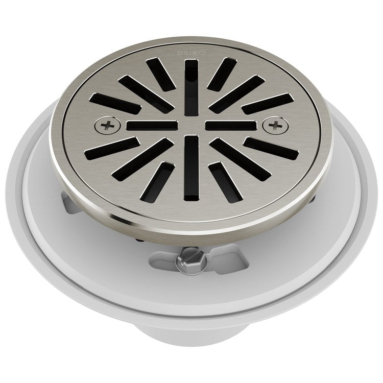 Shower Drain Tile-In Round 4 Inch Brilliance Brushed Nickel PVC/Brass - Image 1