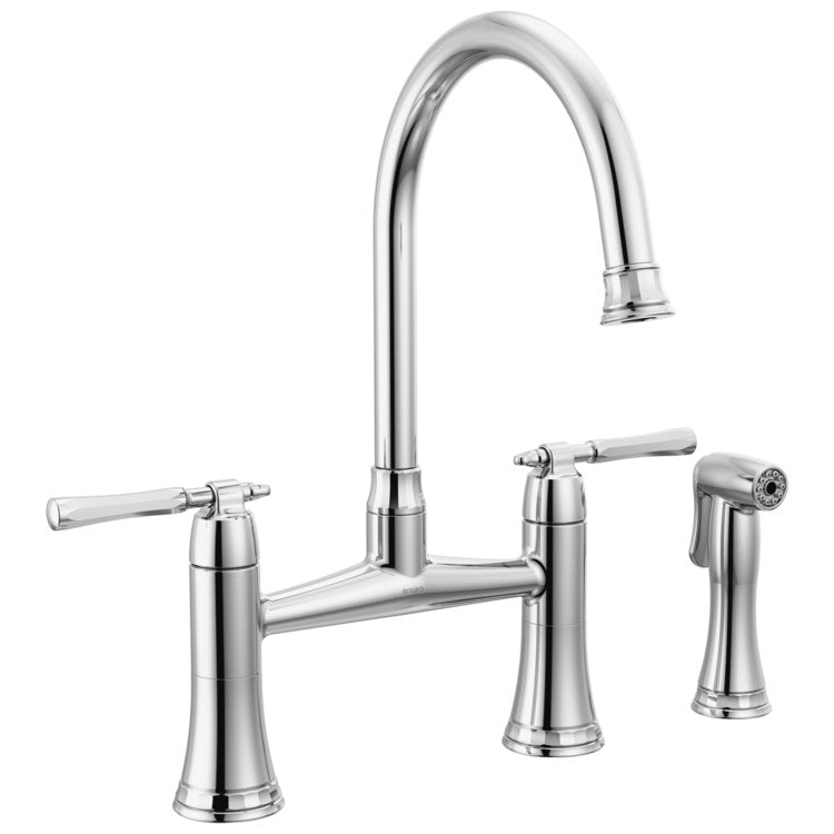 Kitchen Faucet Tulham 8 Inch Spread 2 Lever ADA Polished Chrome Includes Side Sprayer 360 DEG Swivel 3 Hole 1.8 Gallons per Minute