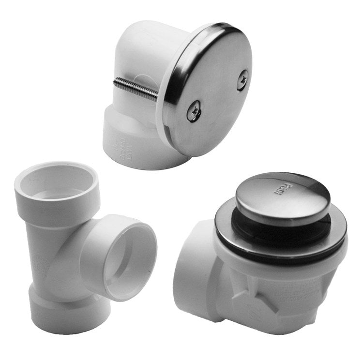 Drain Kit Toe Control with 2 Hole Faceplate Half Kit Polished Chrome 1/2 Inch Brass for Tub Includes Overflow Elbow Drain Shoe Tee & Trim Kit - Image 1