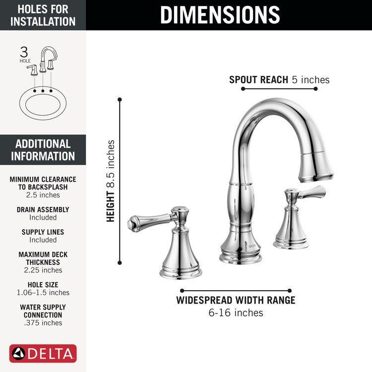 Lavatory Faucet Cassidy Widespread 6 to 16 Inch Spread 2 Lever ADA WaterSense Chrome 1.2 Gallons per Minute Deck Arc Metal Pop-Up 3 Hole MagnaTite - Image 2