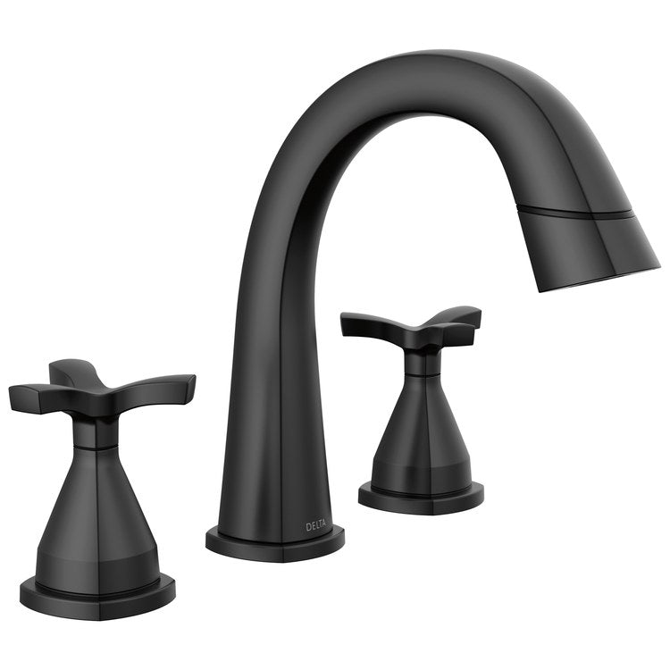 Lavatory Faucet Stryke Widespread 8 to 16 Inch Spread 2 Helo ADA WaterSense Matte Black 1.2 Gallons per Minute Arc Pop-Up 3 Hole - Image 1