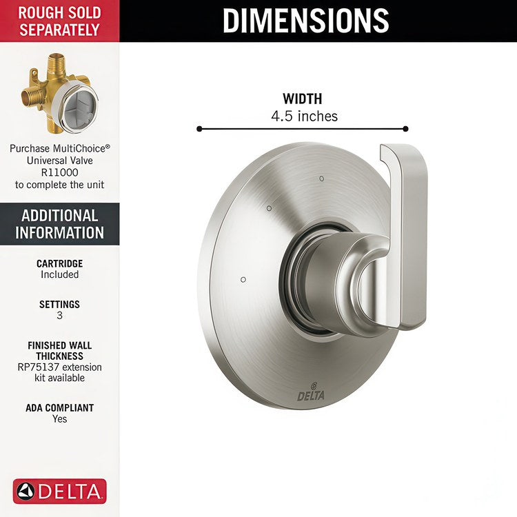 Diverter Trim Tetra 3 Functions Lumicoat Stainless 1 Lever ADA - Image 2