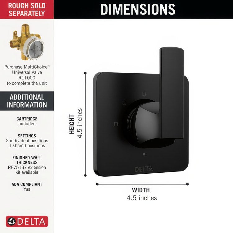 Diverter Trim Velum 2 Port 3 Functions Matte Black 1 Lever ADA - Image 3