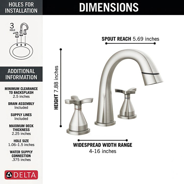 Lavatory Faucet Stryke Widespread 8 to 16 Inch Spread 2 Helo ADA WaterSense Lumicoat Stainless 1.2 Gallons per Minute Arc Pop-Up 3 Hole - Image 3