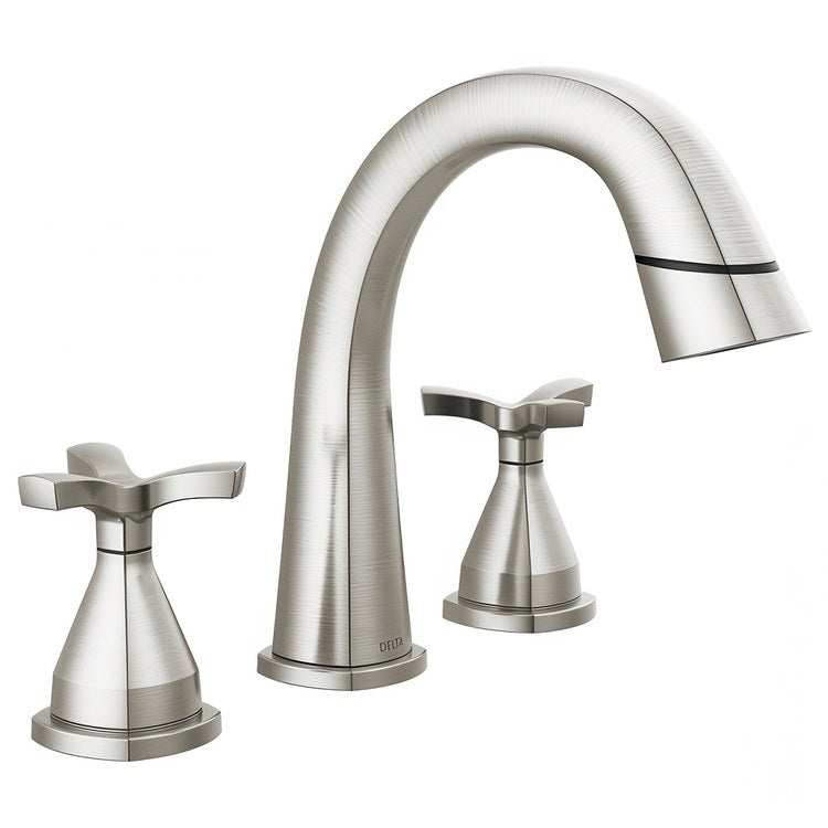 Lavatory Faucet Stryke Widespread 8 to 16 Inch Spread 2 Helo ADA WaterSense Lumicoat Stainless 1.2 Gallons per Minute Arc Pop-Up 3 Hole - Image 1