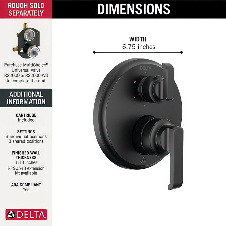 Diverter Trim Tetra 14 Series Integrated 6 Functions Matte Black 2 Lever ADA - Image 2