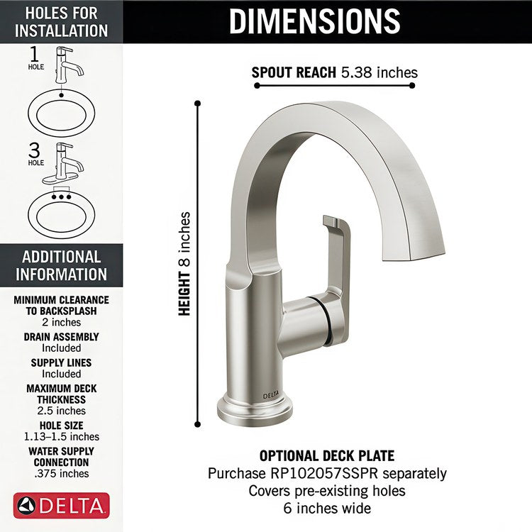 Lavatory Faucet Tetra 1 Lever ADA WaterSense Lumicoat Stainless 1.2 Gallons per Minute Deck Arc Metal Pop-Up 1 Hole Diamond Seal Technology - Image 3