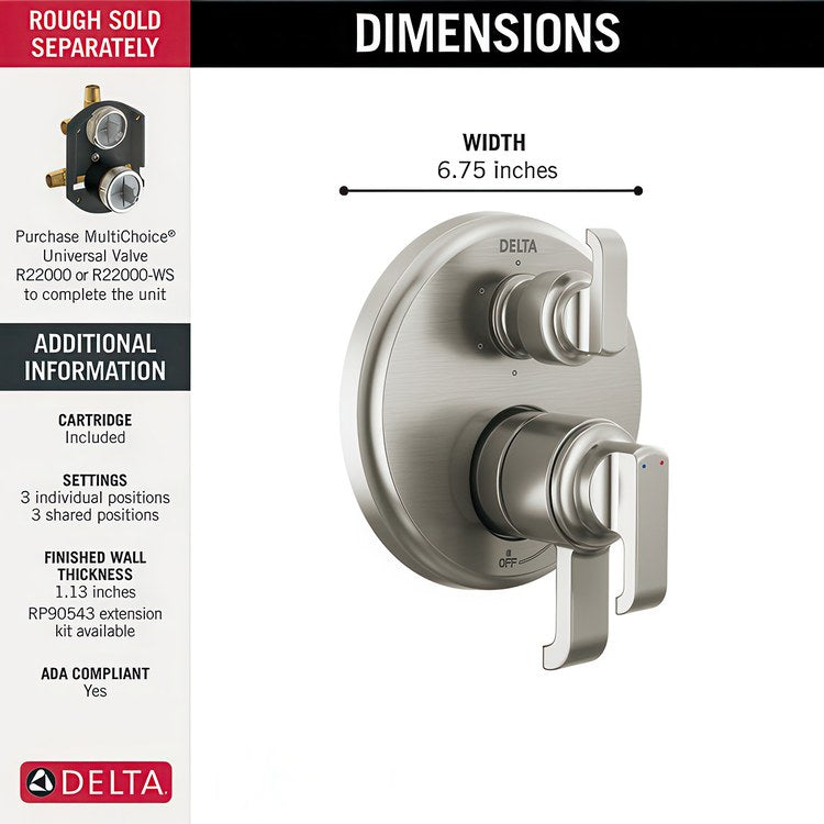 Diverter Trim Tetra 17 Series Integrated Volume Control 6 Functions Lumicoat Stainless 2 Lever ADA for Rough-In Valve R22000 Not Included - Image 3