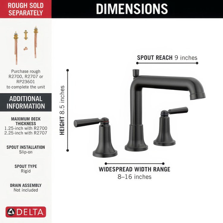 Roman Tub Trim Saylor 2 Lever Matte Black WaterSense ADA 8 to 16 Inch Spread 3 Hole 18 Gallons per Minute - Image 3